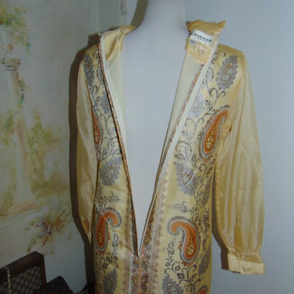 Vintage 60s 70s Alfred Shaheen Kaftan Long Sleeve Yellow Hawaiian Maxi Dress 10 - Picture 9 of 15